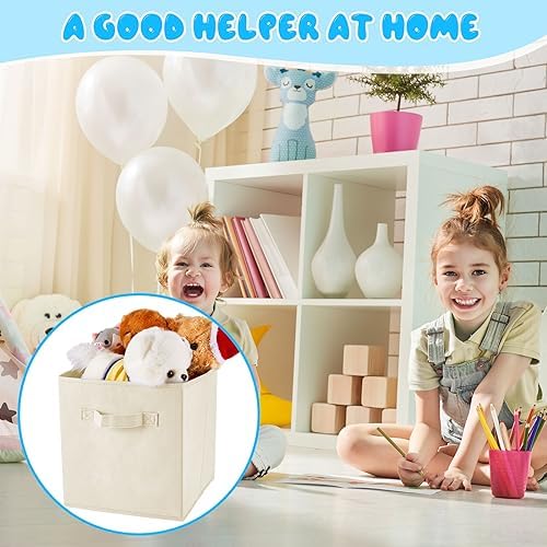 Yinder 12 Pcs Cube Storage Bin Beige 10.5''x10.5''x11'' Storage Bins for Playroom Decor Colorful Bins for Kids Foldable Baskets for Nursery Organizer Boxes Fabric Boxes - Image 3