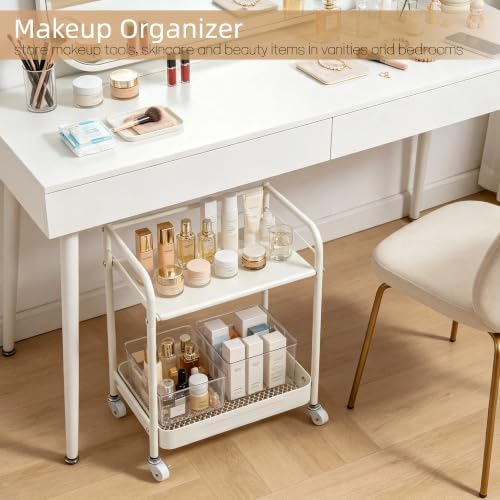 2 Tier Rolling Cart with Wheels, Under Desk Cart with Table Top - Image 3