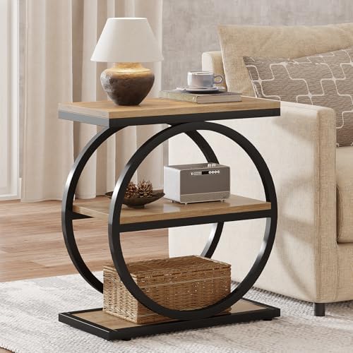 Tribesigns Side End Table with 3 Storage Shelves, Industrial Sofa Table with Round Metal Frame for Living Room, Engineered Wood Nightstand for Bedroom, Oak by Unknown