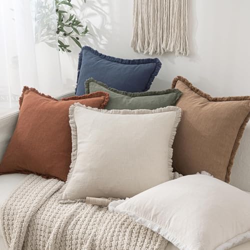 MIULEE Linen Fringe Decorative Euro Throw Pillow Covers Indigo Blue 26x26 - Image 2