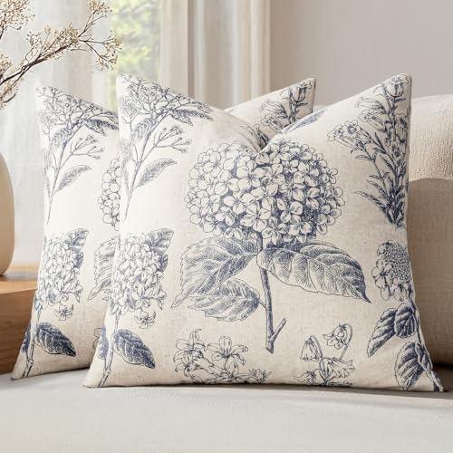 Set of 2 Euro Floral Pillow Covers 24x24 Inch Navy Blue by SWANCOCO