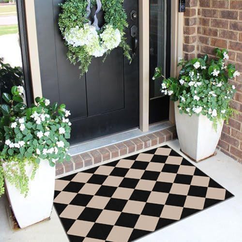 Indoor Outdoor Front Door Mat - 2x3 Black Tan Checkered Diamond Rug - Image 7