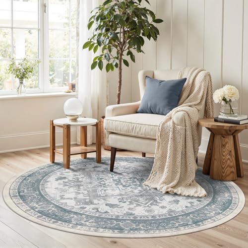 Blue Round Rug for Bedroom, Vintage Circle Rug(4ft) - Image 3