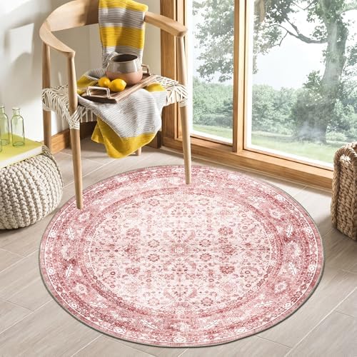 OPPODREAM Vintage Pink Area Rugs 3' Round, Washable Rug for Living Room by OPPODREAM