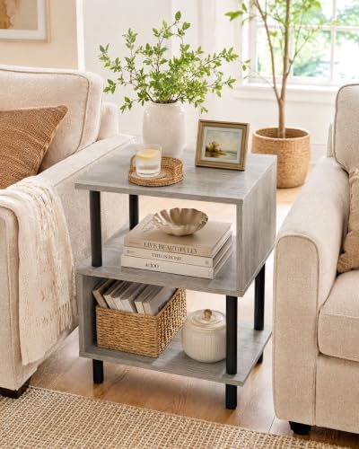 Frylr Side Table, Night Stand and End Table with Reinforced Metal Frame, 44 lb Capacity on Each Tier and Leveling Feet for Bedroom, Bedside, Living Room and Small Spaces, Greige - Image 3