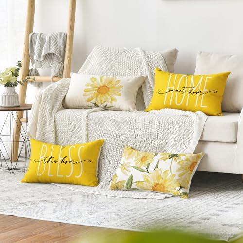 AVOIN colorlife Home Sweet Home Spring Summer Flowers Yellow Throw Pillow Covers, 12 x 20 Inch Cushion Case for Sofa Couch Set of 4 - Image 2