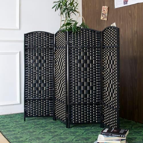 Furnnylane 4 Panel Black Rattan Room Divider for Room Separation, 47.2" Low Height Double Sided Folding Privacy Screen, Freestanding Partition Screen for Home Office - 3.95 ft Tall by Furnnylane