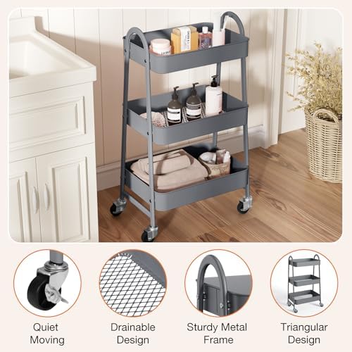 NEWBULIG 3-Tier Metal Rolling Cart with Lockable Wheels, Heavy Duty Mobile Utility Storage Shelf, Roller Book Snack Cart, Grey - Image 2