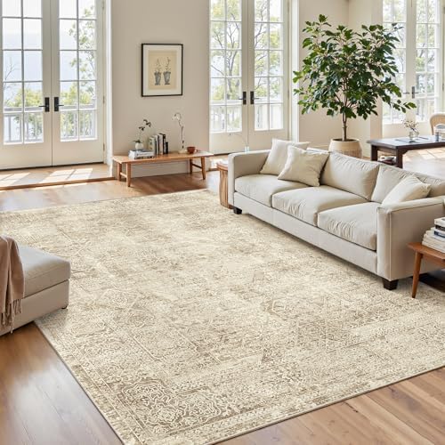 Soalmost 5x7 Area Rugs Light Brown Washable Trendy Faded Style Floral Rugs - Image 2