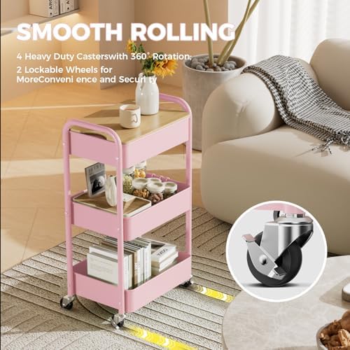 3-Tier Rolling Cart with Table Top, Metal Utility Cart on Wheels - Image 3