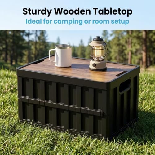 3 Pack 50L Black Collapsible Storage Crate Wooden Lid Stackable Bin for Garage RV Car - Image 5
