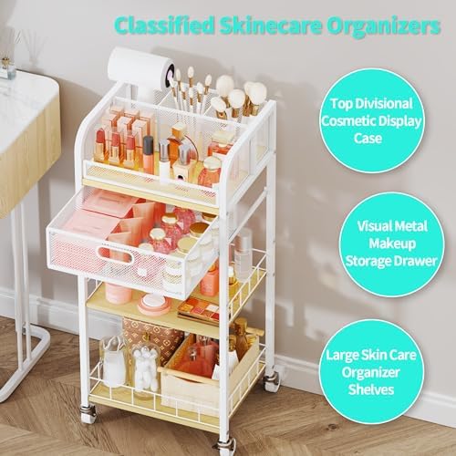 HapiRm Makeup Organizer Storage Cart - 4 Tier Skincare Make Up Storage with Drawer, Rolling Makeup Cart Vanity Organizer Cosmetics Display Cases Holder for Skin Care Perfume Nail Polish Brush - Image 4