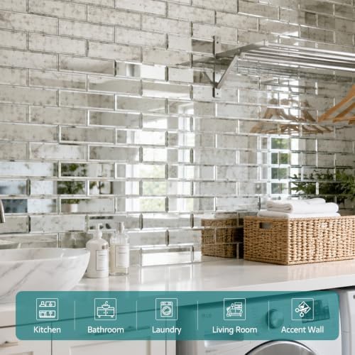 Peel and Stick Mirror Tiles, 3x12 Inch Beveled Mirror Tile Light Antique for Kitchen Bathroom Wall 20 Pcs - Image 6