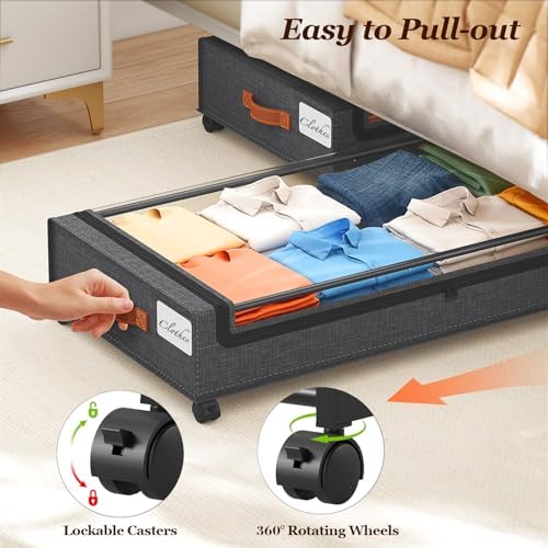 Yecaye 85 L Under Bed Storage with Wheels, 2 Pack Extra Large Under Bed Storage Containers with Metal Frame & Clear Lid, Rolling Underbed Organizer Bins Drawers for Clothes, Shoes, Blankets, Hemp Grey - Image 6