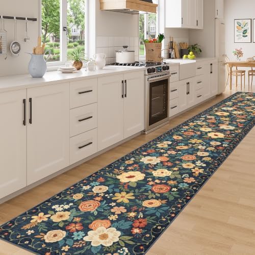 DUKINO 3x20 Runner Rug for Hallway, Floral Washable Runner Rug, Navy Blue - Image 3