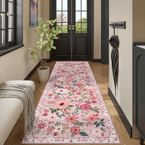 DUKINO 3x10 Runner Rug, Floral Washable Kitchen Runner Rug Non Slip, Pink - Image 4
