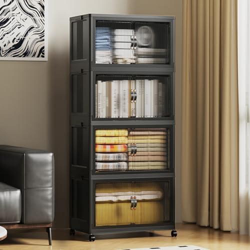 SAILUN 260Qt Stackable Storage Bins,Storage Cabinet with a Lid,4 Pack Black by SAILUN