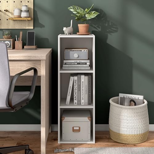 Homes: Inside + Out Apexa 3-Cube Storage Organizer Shelves, Stackable Wood Bookcase Fits Cubby Bins for Organization, Dorm Teen Room Decor & Home Office, Taupe Grey - Image 2