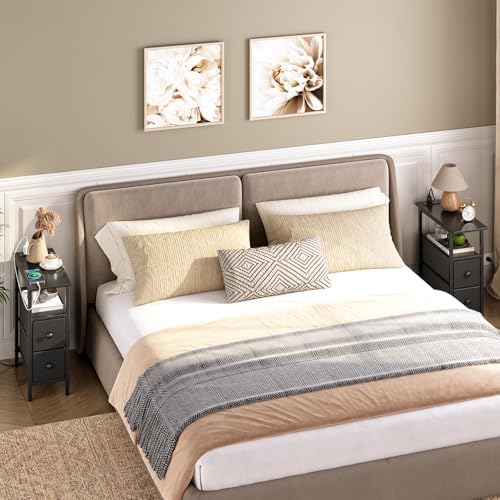 HOOBRO End Table with Charging Station, Narrow Side Table with 2 Fabric Drawers, Skinny Nightstand with Storage, Slim Bedside Table for Bedroom, Living Room, Small Spaces, Black BB487UBZ01 - Image 6