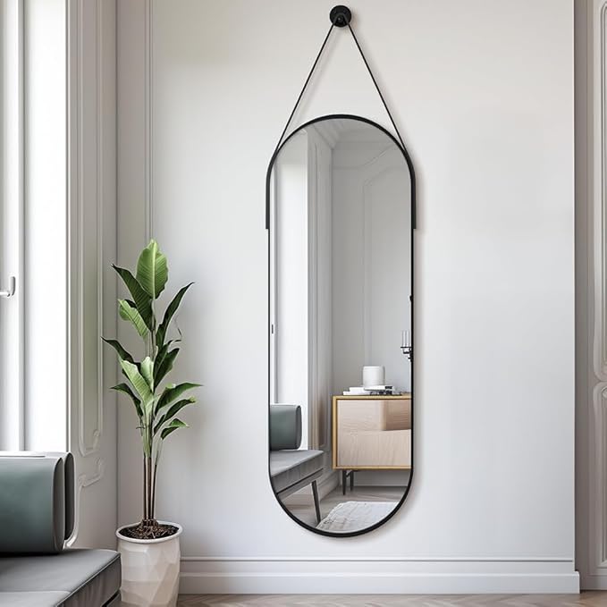 Dewfig 48"x16" Full Length Mirror, Oval Wall Mirror Leather Strap, Black - Image 4