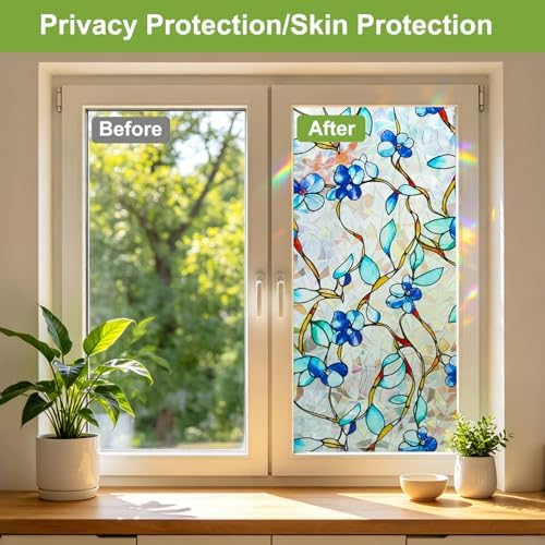 Rainbow Window Privacy Film, Heat & UV Blocking Stained Glass Static Cling with Blue Vine Floral Pattern for Home, Bathroom Window or Door (Installation Tools, 23.6"×78.7") - Image 6