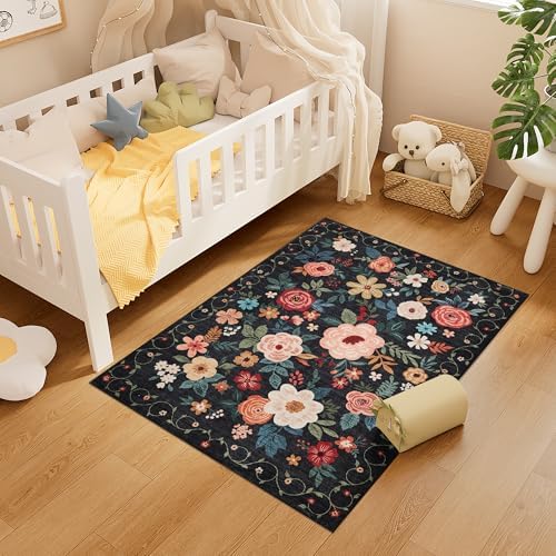 DUKINO 3x4 Area Rug, Floral Washable Rug for Kitchen Non Slip, Black - Image 6