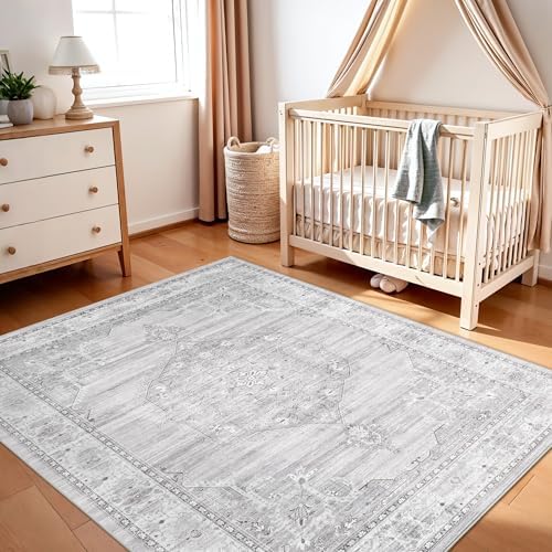 Washable Area Rugs 5x6 Entryway: Soft Ultra Thin Low Pile Mat Machine Washable Indoor Doormat Lightweight Entry Rug Anti Slip Backing Rugs for Living Room Bedroom Kitchen 5'x6' Light Grey - Image 4