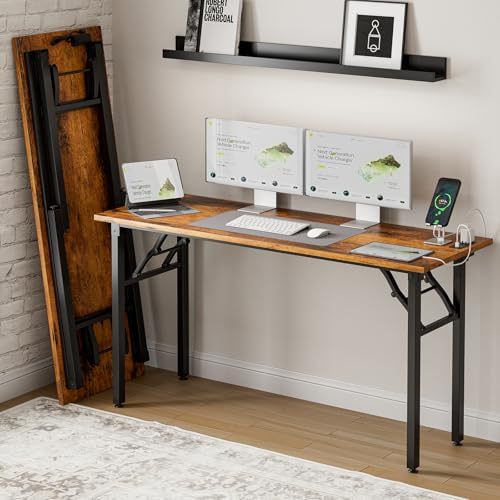 Frylr Small Folding Computer Desk – 55.1 Inch Portable Table for Craft and Study, Lightweight Desk for Small Spaces, Foldable Laptop Table Built-in AC/USB Outlets for Convenience, Rustic Brown by Frylr