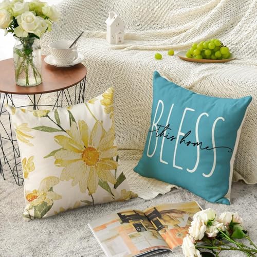 AVOIN colorlife Home Sweet Home Spring Summer Flowers Yellow Throw Pillow Covers, 20 x 20 Inch Blue Cushion Case for Sofa Couch Set of 4 - Image 4