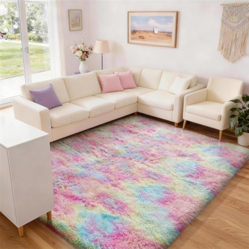 Ophanie 6x9 Rainbow Rug for Bedroom Girls, Unicorn Colorful Fluffy Soft Cute Fuzzy Area Rugs, Shag Plush Shaggy Bedside Floor Furry Carpet for Kids Baby Teen Dorm Nursery Home Decor Aesthetic - Image 3