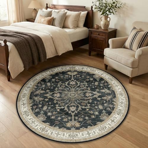 RELEANY Washable Area Rug, Round 4ft, Black/Vintage/Beige by RELEANY