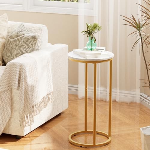 C Shaped end Table,Wood Round Side Table for Couch,Small Sofa Table with Metal Frame for Bedroom,Living Room,Bedside,Gold Color(11.81" D x 11.81" W x 23.62" H) - Image 2