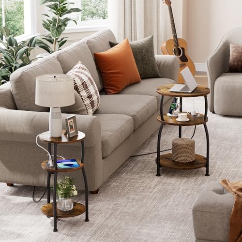 Round Side Table with Power Outlet, USB Type C Port, 3-Tier End Table - Image 7