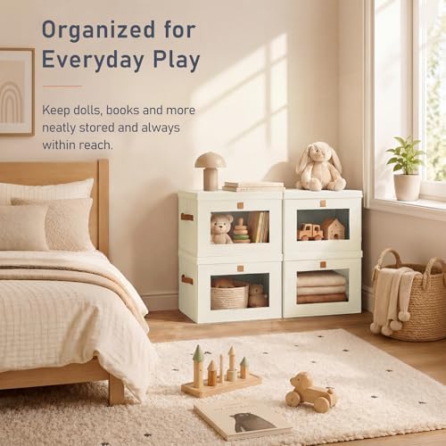 DIMJ Storage Bins with Lids - 6 Pack Front Opening Stackable Fabric Storage Boxes with Clear Window & Handles, Collapsible Closet Organizers for Clothes, Sweaters, Shelf Storage, Bedroom, Beige - Image 4