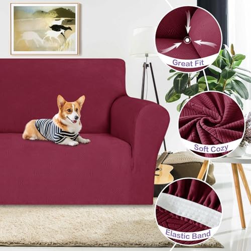 ZNSAYOTX Super Stretch Loveseat Covers (57"-70"), New Striped Love Seat Slipcover, Dogs Pet Friendly Anti-Slip Couch Protector Spandex Durable 2 Seater Fabric Sofa Cover (Wine Red, Loveseat) - Image 4