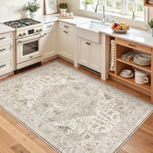 Madane Area Rug 4x6 Washable Rugs Vintage for Living Room, Ivory/Brown - Image 4