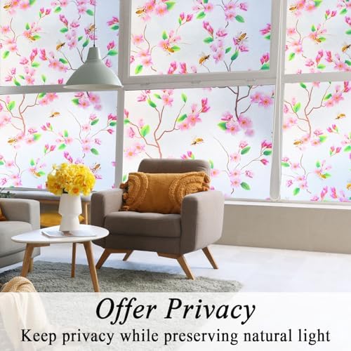 Pink Floral Bees Stained Glass Window Film Privacy Anti UV 35x78.7in - Image 4