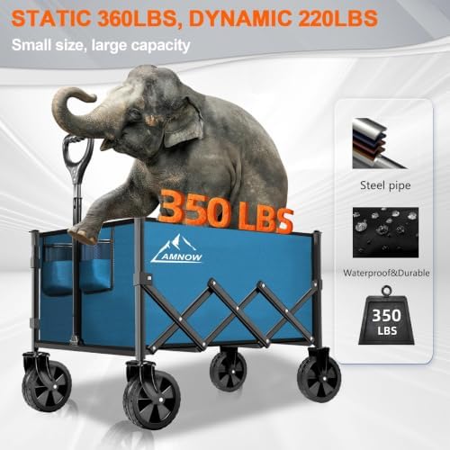 AMNOW 100L Collapsible Wagon Cart with All Terrain Wheels, 350LBS, Blue - Image 3