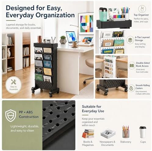 BYFU 6-Tier Rolling Bookshelf Cart, Black - Image 6