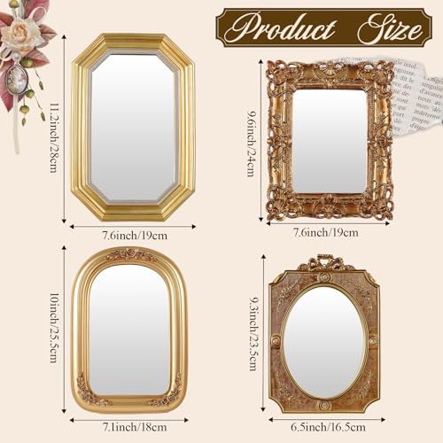 Wonderjune 5 Pcs Vintage Gold Mirror Set for Wall Decorative Resin Frame Ornate Antique Hanging and Tabletop Mirror for Home Dresser Gallery Decor Photography Props Gift (Baroque Style) - Image 2