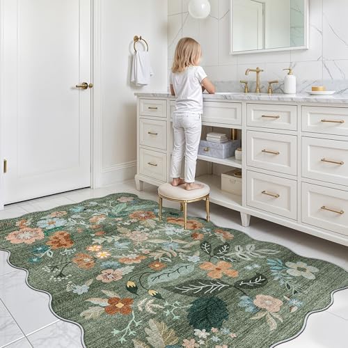 4x6 Living Room Area Rugs: Washable Farmhouse Nursery Kitchen Floral Rugs Non-Slip Small Cute Bedroom Carpet Non-Shedding Floor Mat for Kids Room University dormitory Decorative Rugs(4x6,Floral/Green) - Image 4