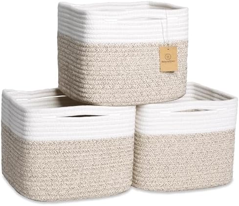 NaturalCozy Storage Cubes 9”x9”x7”Cotton Rope Woven Baskets for Organizing 3-Pack | 9 Inch Cube Storage Bin | Small Basket for Shelf Nursery, Pantry, Decorative Plant, Bathroom Closet, Toy Gift by NaturalCozy