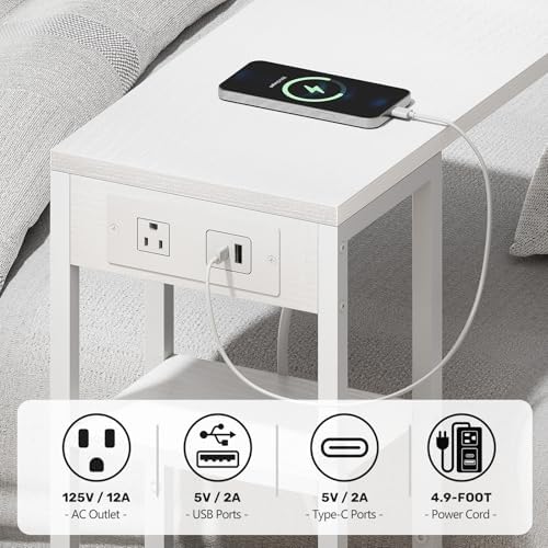 C Shaped End Table with Charging Station, Small Side Table for Couch Recliner, Slide Under Sofa Desk Snack Tables with Storage Bag & AC / USB Outlet, Small Spaces Drink Tables for Living Room, Bedroom - Image 6