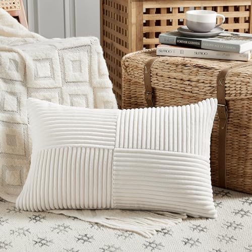 Fancy Homi 2 Packs Cream White Lumbar Decorative Throw Pillow Covers 12x20 Inch for Couch Bed Sofa, Rustic Farmhouse Boho Home Decor, Soft Striped Corduroy Rectangle Accent Cushion Case 30x50 cm - Image 2