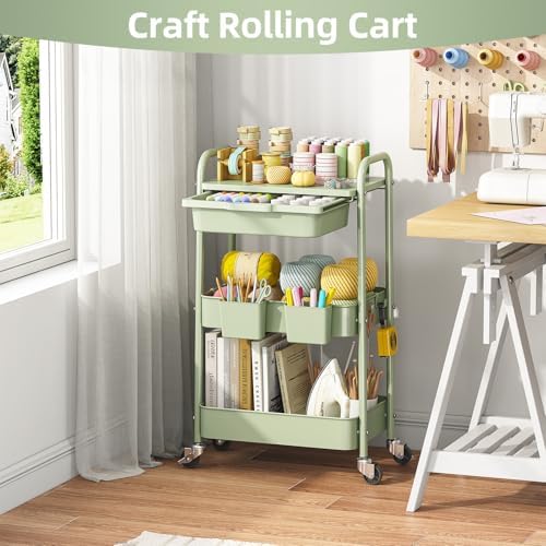 KINGRACK 3 Tier Metal Rolling Cart with Drawer, Green Utility Storage Cart | 2 Cups & 4 Hooks, Lockable Wheels, Trolley Organizer for Bathroom, Kitchen, Office, Nursery, Dorm, Laundry, Craft Room - Image 7