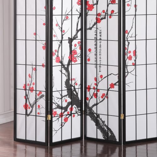 Roundhill Furniture Black Japanese 4-Panel Screen Room Divider, Plum Blossom - Image 5