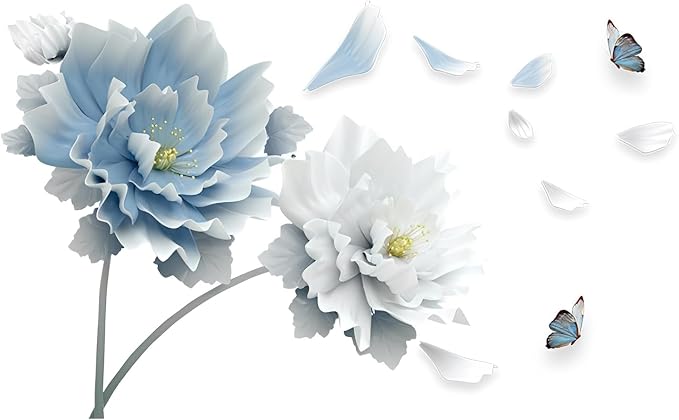 Large Peony Flower Wall Decals Elegant Blue and White Floral Wall Sticker Removable Vinyl Blossom Murals with Flying Butterflies Petals for Living Room Bedroom Sofa TV Background Home Decor - Image 9