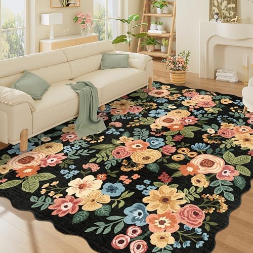 DUKINO 8x10 Area Rug for Living Room, Floral Washable Rug Non Slip, Black by DUKINO