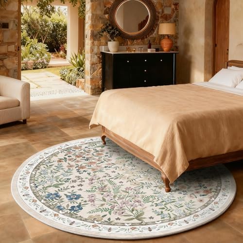Washable Round Rugs for Bedroom 4ft: Living Room Rug Stain Resistant Non Slip Low Pile Ultra Soft Faux Wool Small Circle Rugs for Entryway Kitchen Bathroom Nursery Entrance Dorm Home Office Indoor - Image 5
