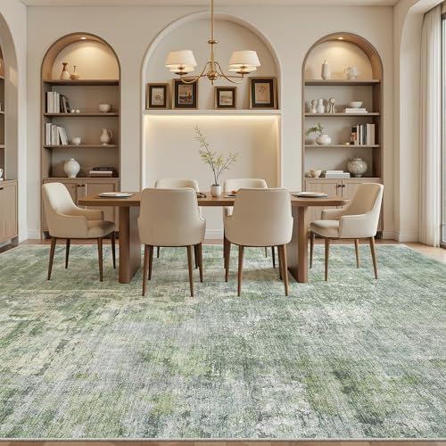 Soalmost 10x14 Area Rugs for Living Room Washable Rug Abstract Green/Ivory - Image 4